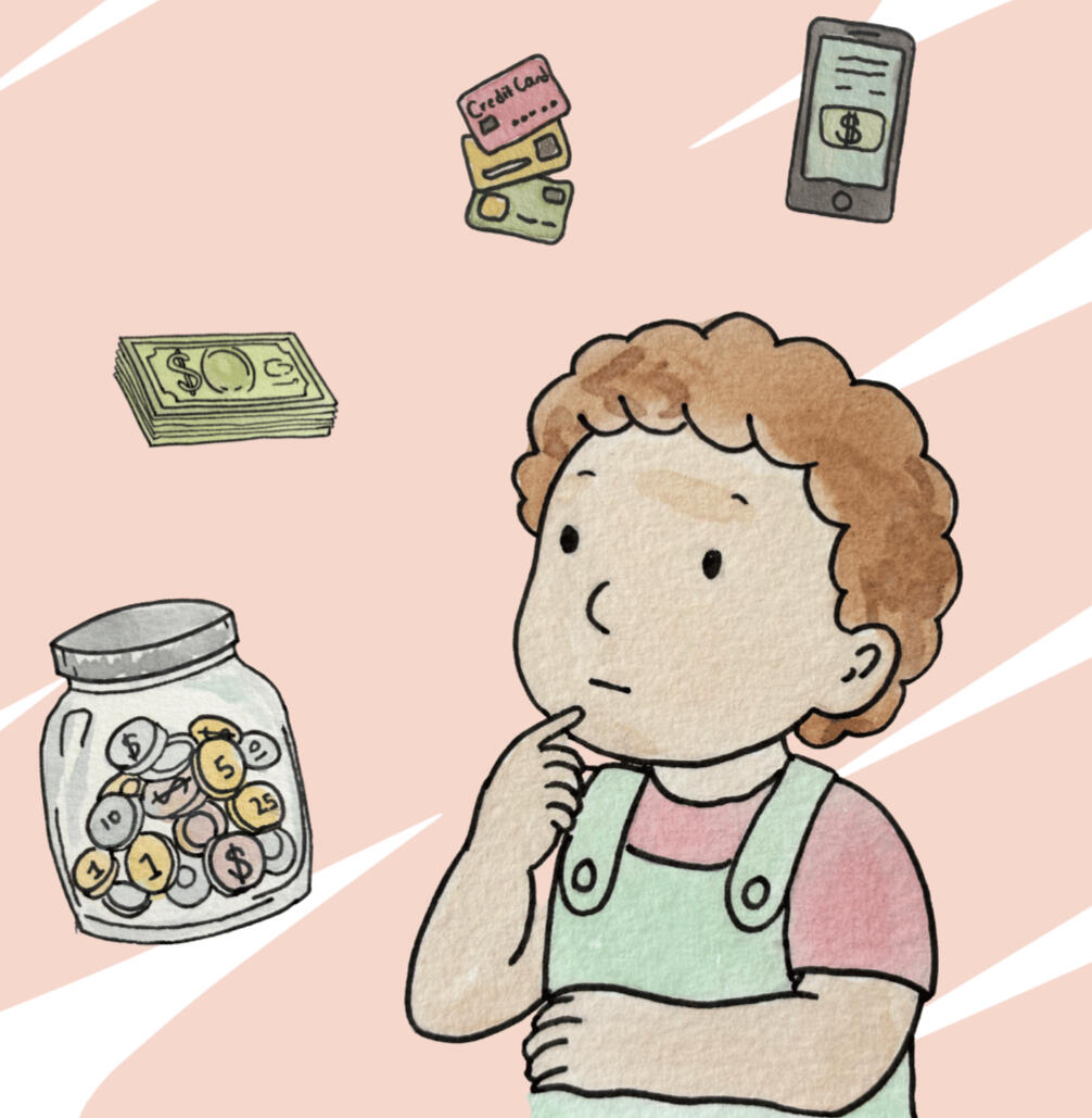 Tiny tot thinks about the ways they've seen adults pay for things, and the coins they are saving for a big purchase.
